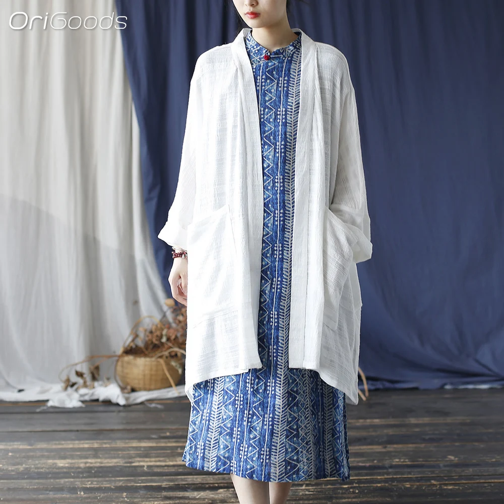 

OriGoods Oversized Long Kimono Shirt Women Cotton 100% Summer White Cloak Tops Japanese Style Kimono Cover Up Fashion 2024 X055