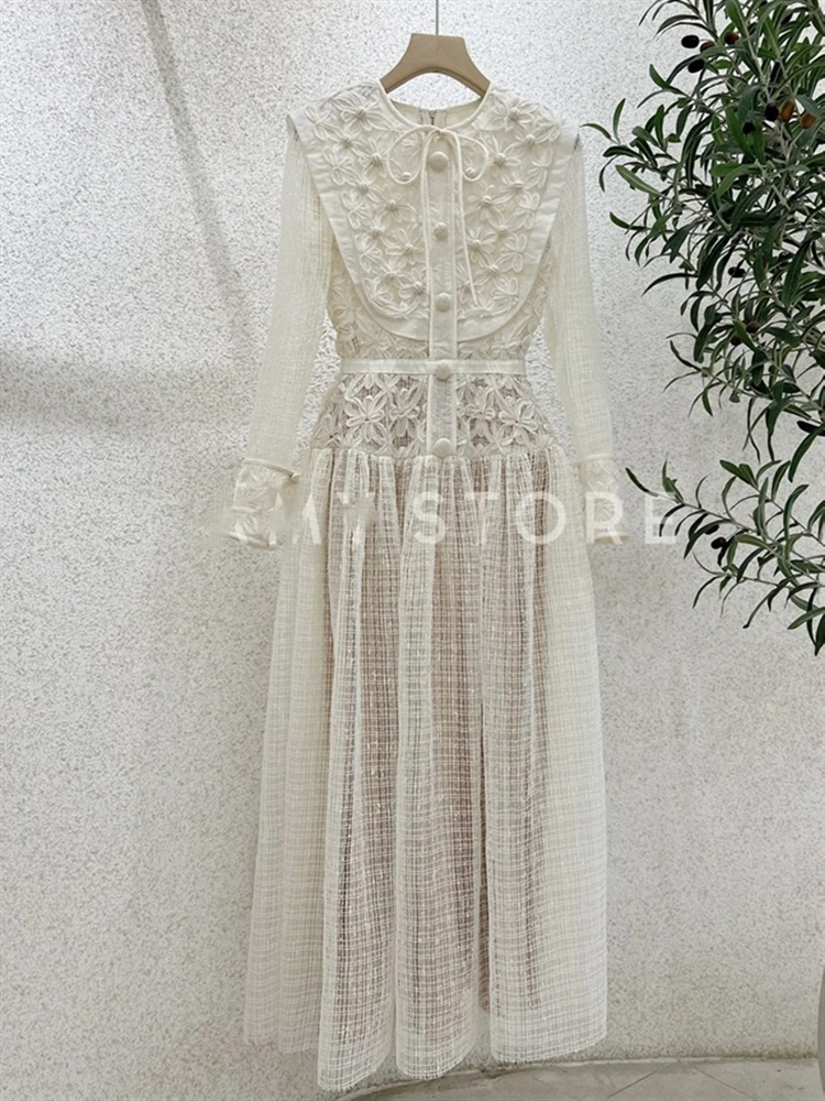 Elegant Embroidery Dress Dresses Women Spring Runway Boho Party Autumn 2023 High Waist Long Sleeve Luxury Woman Lace Vintage