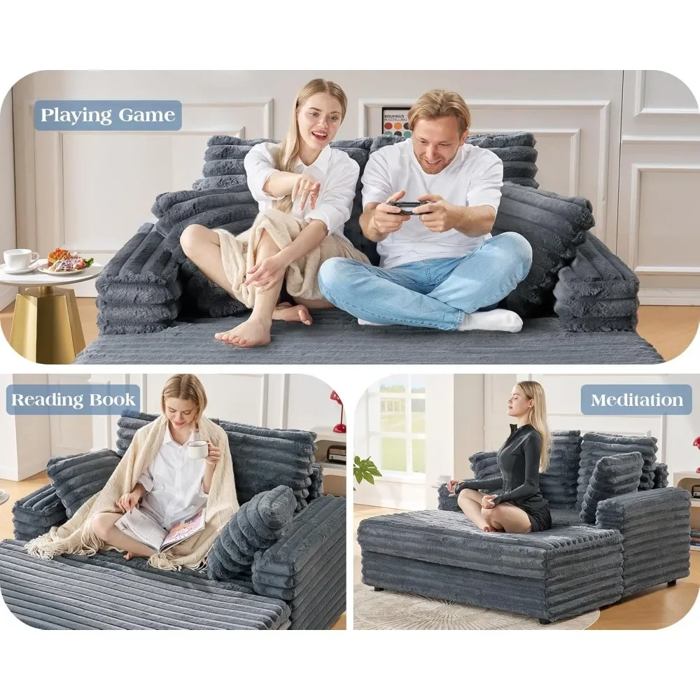 Chaise Lounge 53 Inch, Gestoffeerde Slaapbank Met Kussens En Armleuningen, Slaapstoel-Pluche Stoelbed Voor De Woonkamer