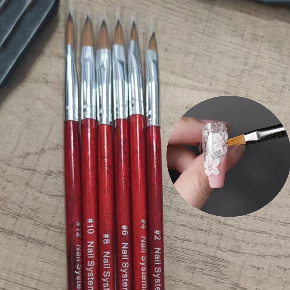5/6Pcs Acrylic Powder Nail Art Brush Red Round Wooden Handle Nail Art Mink Brush Gel Builder Nail Tool UV Gel Carving Flower Pen
