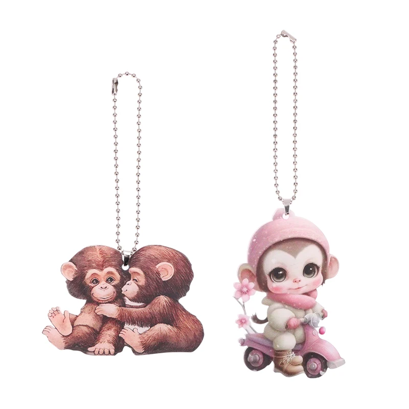 Cartoon Monkey Ornaments 2D Animal Acrylic Car Pendant Decorative Cute Rear View Mirror Ornaments Keychain Christmas Ornaments