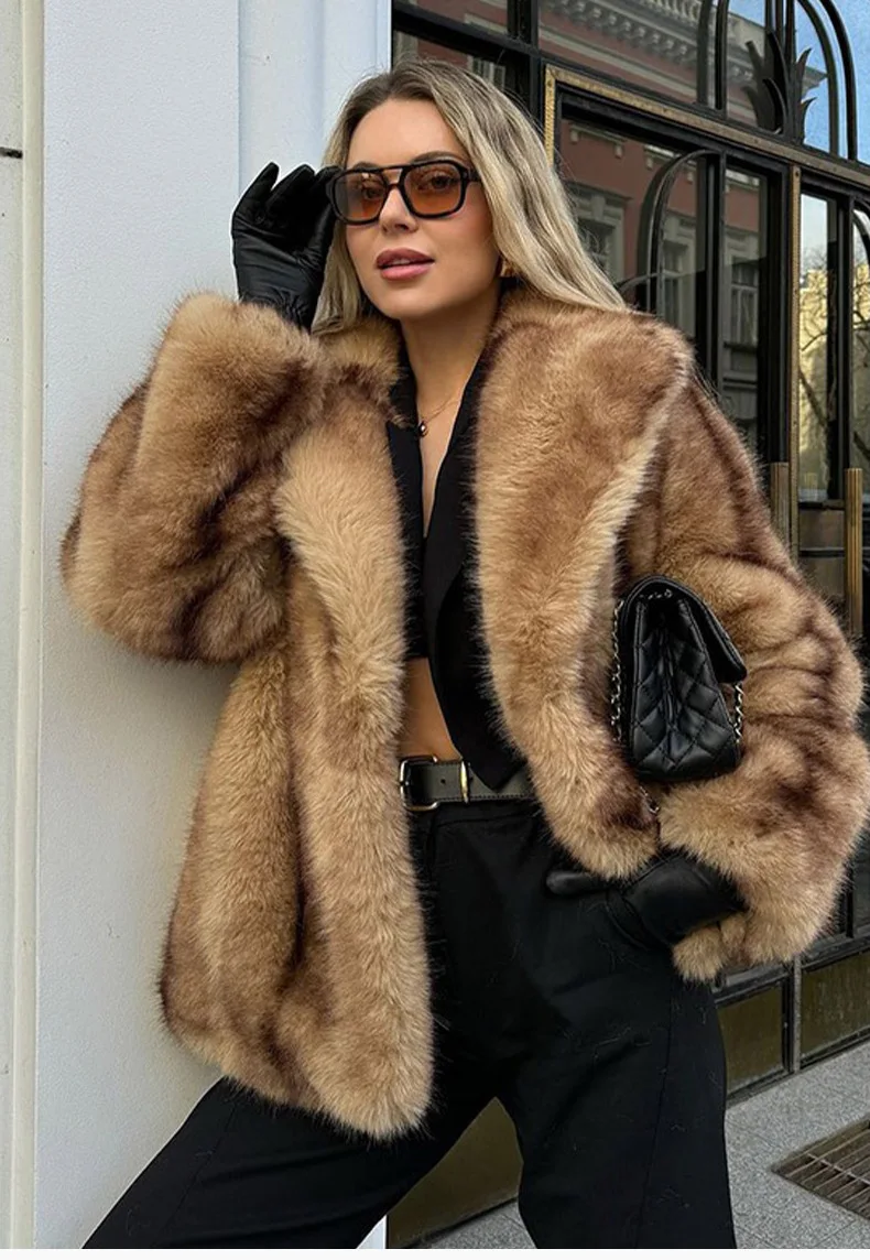 Women Faux Fur Short Coats Jackets Turn Down Collar Coat Thick Warm Y2k Streetwear Jacket Work Outerwear Autumn Winter 2025