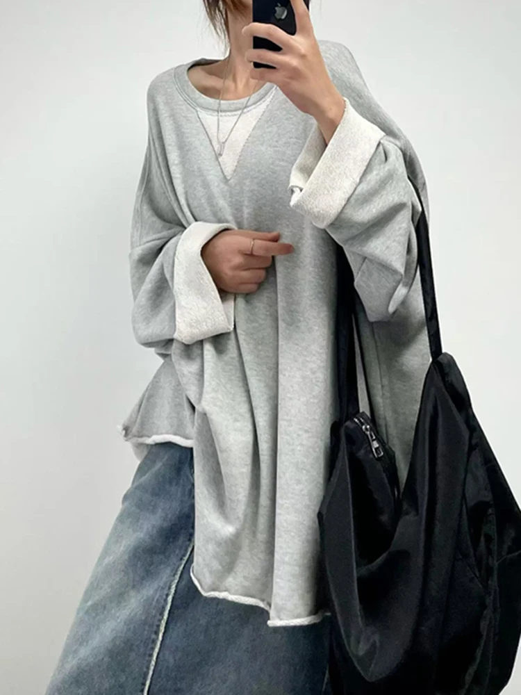 EAM Gray Brief Shaped Long Sweatshirt New Round Neck Long Sleeve Women Big Size Fashion Tide Autumn 2026 30A2866