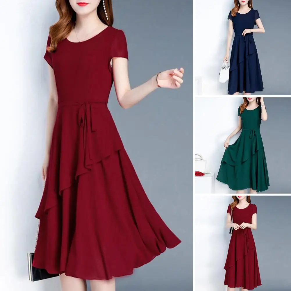 Vestido Midi com renda em linha A feminino, Manga curta, Streetwear com decote em O, Bainha em camadas, Coreano, Vestido Versátil, Elegante, Oversize