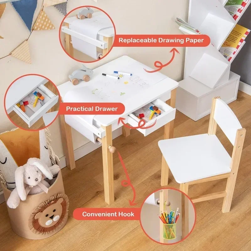 

Kids Table and Chair Set, Toddler Study Desk w/Paper Roll, Drawer, 2 Marker Pens, Wooden Activity Table Set for Playroom