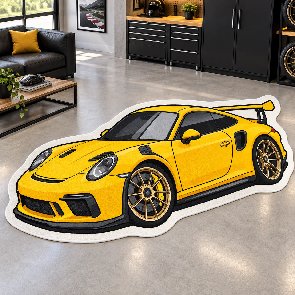 Yellow Sports Car Shaped Area Rug, Modern Racing Style Floor Mat for Bedroom Garage Game Room, Bold Automotive Home Decor Gift
