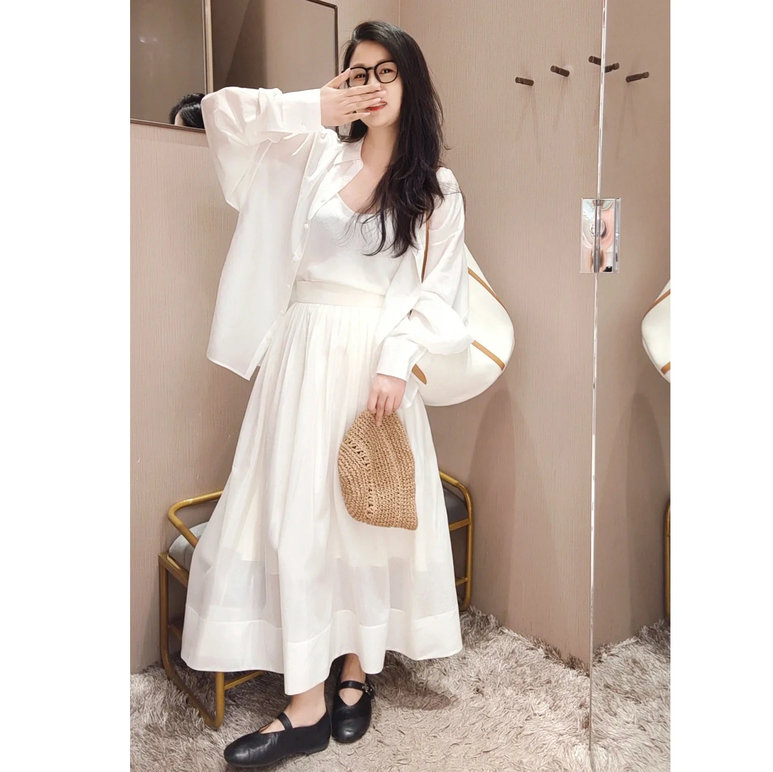 

Ele Silk Cotton irt round Ne f Юбка Женский модный комплект Летняя легкая круглая блузка с воротником Ne Блузка Юбка Ense...