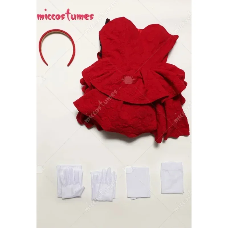 Mica Clothing の女性ミマ コスプレの赤いストラップレス ドレス、ヘッドバンド、ロング ストッキング、手袋はハロウィーン パーティーに適しています。