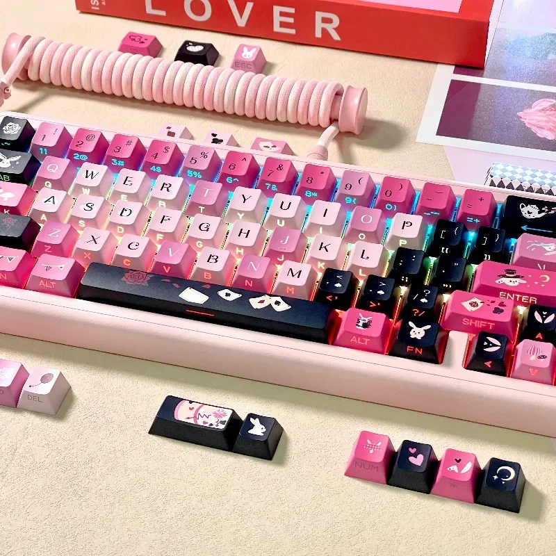 Rabbit Themed Keycaps Set PBT Sublimation Cherry Profile Pink Keycaps for Mechanical Keyboard Side Carving Custom Keyboard Caps