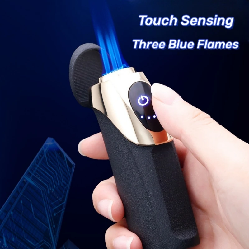 Jobon Direct Injection Three Flame Blue Flame Lighter Charging Gas Mixed Lighter Touch Sensing Electric Quantity Display Tools