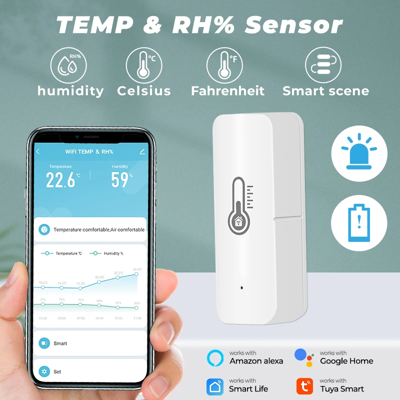 Tuya WiFi Temperature and Humidity Sensor Indoor Smart Life APP Battery Thermometer Hygrometer Monitor Works With Alexa Google