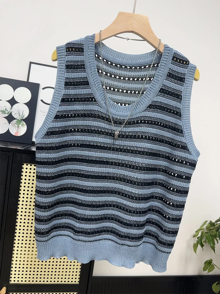 

High Quality Striped Hollowed Out Camisole Vest Knitted Vest for Women in Summer, Thin and Loose Fitting for Women's Outerwear