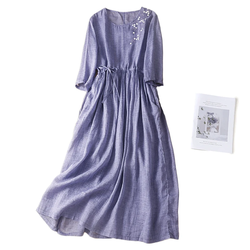 Literary Flower Embroidered Ladies Cotton Dresses Casual Loose High Waist Party Dress Half Sleeve Oversized Sundress for Women