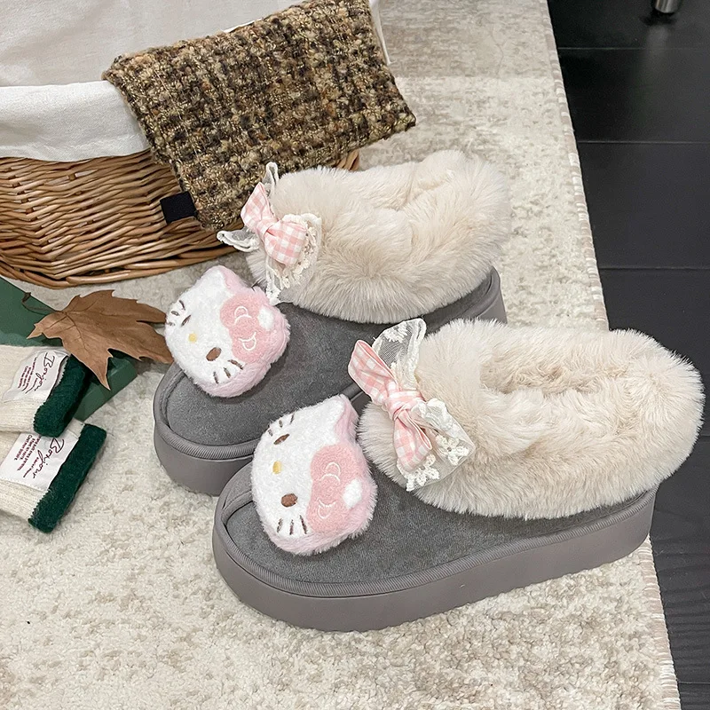 أحذية أطفال كاجوال أحذية الثلوج القطن مرحبا كيتي الشتاء أحذية مسطحة القاع للأطفال الدفء المضادة للانزلاق الوردي البني حجم 35-40
