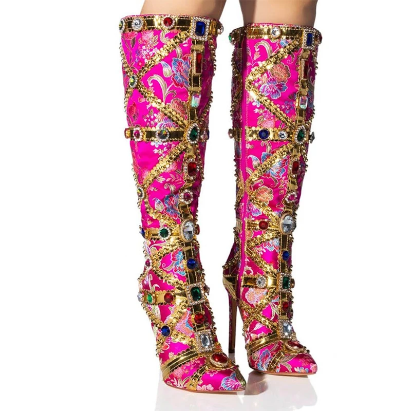 ارتفع الملونة الراين الذهب لهجات الديباج حذاء برقبة للركبة الأسود مطلية بالذهب حواف المطرزة أشار تو أحذية عالية الكعب #3