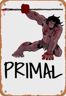 Metal Vintage Tin Sign Primal Caveman Spear Genndy Tartakovsky Funny Plaque Poster for Indoor Outdoor Yard Man Cave Garage Farmh