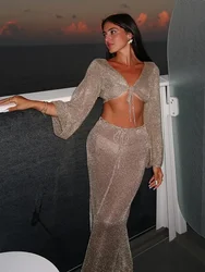 Sexy Metallic Gold Tank Top Long Skirt Knit 2 Piece Wrap Hip Long Skirt Knit 2 Piece Set Vacation Club Party Girl Clothing K128