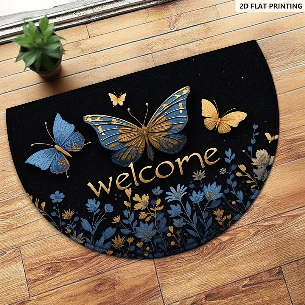 Butterfly Flower Semicircle Welcome Door Mat Blue Gold Anti-Slip Entrance Rug Washable Decorative Floor Mat for Home Porch Decor