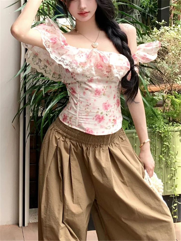 Slash Neck Ruffles Lace Patchw - Resort Shirt Floral recension och pris