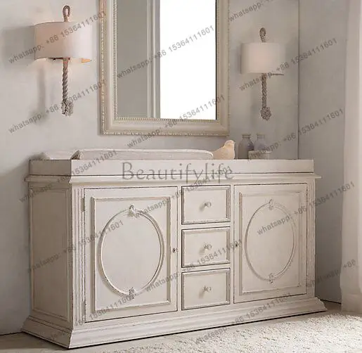 

French antique carved locker American country style solid wood TV cabinet customization