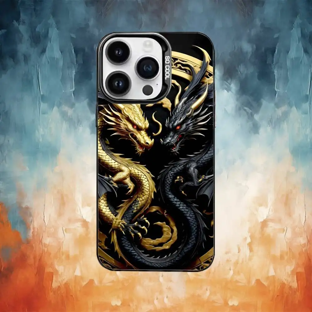 حافظة هاتف فاخرة منقوشة على شكل تنين لهاتف iPhone17,16,15,14,13,12,11 Plus، Pro Max غطاء مقاوم للصدمات من الحلوى السوداء غير اللامعة