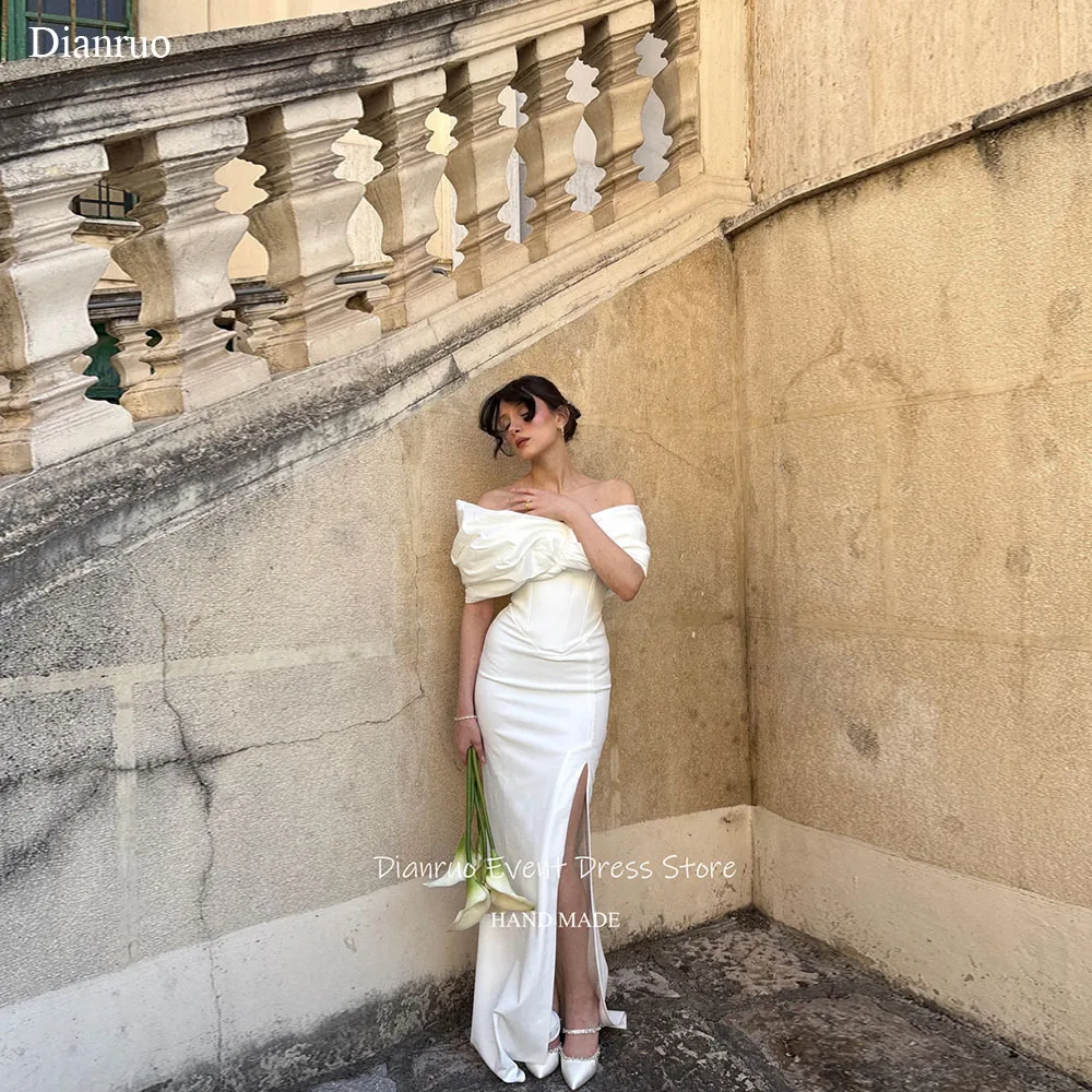 

Dianruo Mermaid Ruched Wedding Dress Off Shoulder Bodycon Fit Vestidos Para Mujer High Slit Romantic Evening Dress Customized
