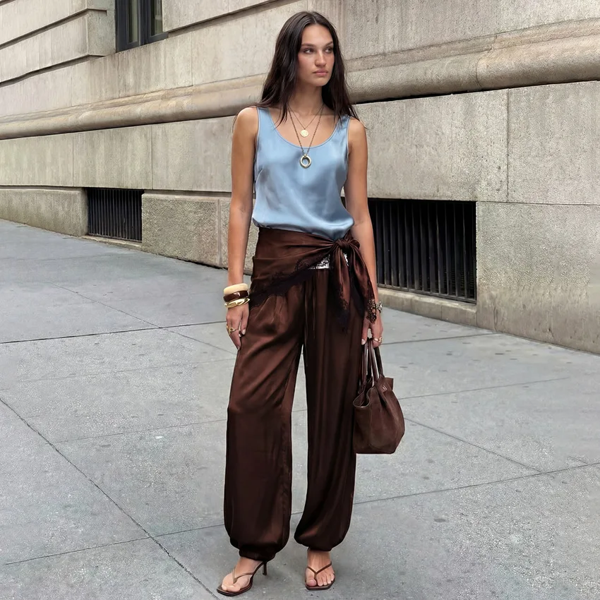 FL Spring Summer New Arrival Women Euro Satin Harem Pants Elegant Slouchy Office Versatile Casual Fashion Chic Trendy Hot Daily