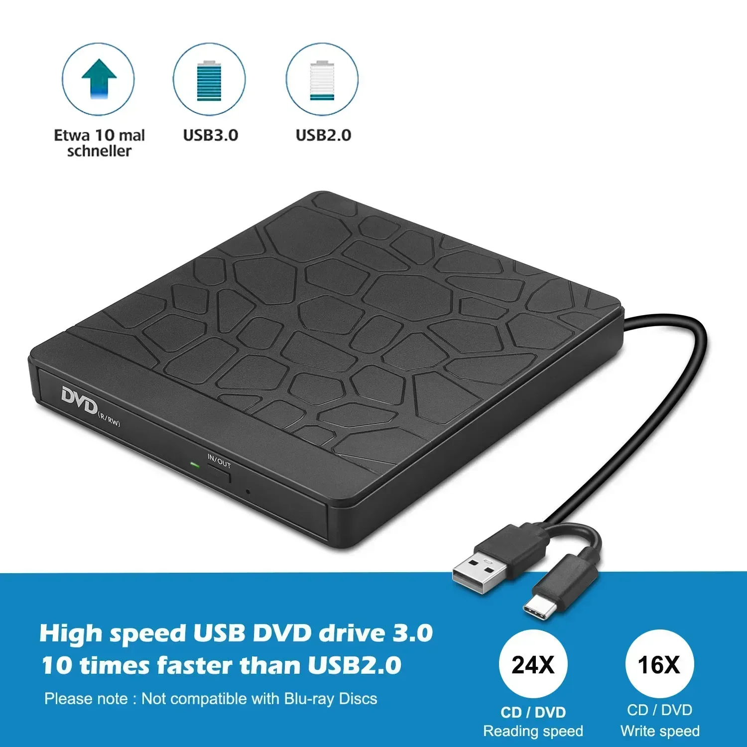 USB 3.0&Type-C External DVD Burner Multifunction Card Writer Recorder DVD RW Optical Drive CD/DVD Player MAC OS Window XP/7/8/10