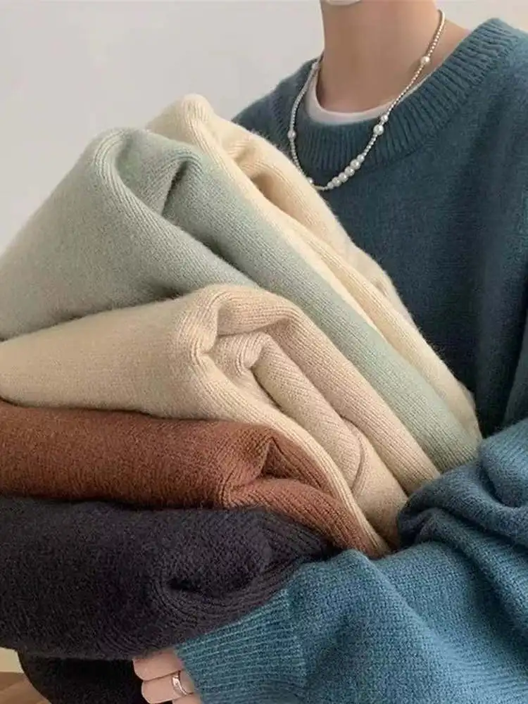 

ex Pure Color Knitwear Loose Fit Outdoor Casual Sle Retro Polyester Long Sve round Ne Sweater for Men And Women