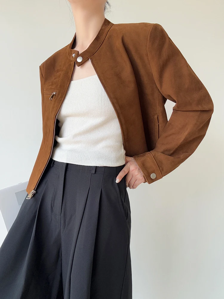 سترات كلاسيكية قصيرة من الجلد الطبيعي من جلد الغزال للنساء لربيع وخريف 2025 معطف جديد عالي الجودة بسيط بياقة واقفة معطف من جلد الغنم الحقيقي النحيف #3