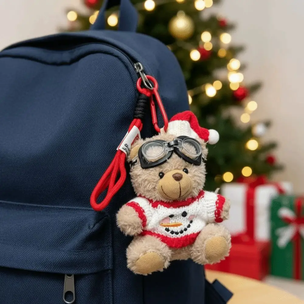 Stuffed Animal Knit Sweater Bear Knitted Outfit Soft Fleece Goggles Pendant Miniature Size Lightweight Christmas Keychain