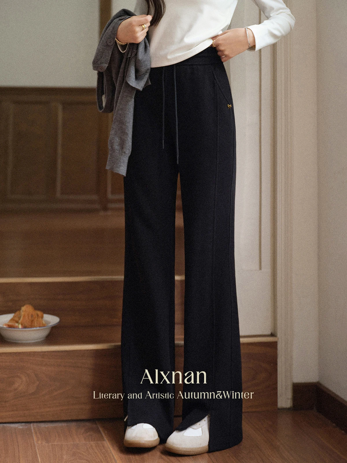 

ALXNAN Black Pants Women Casual Wide-leg Split Straight Long Baggy Pants Autumn Loose-fit Elastic Waist Female Trousers L569111