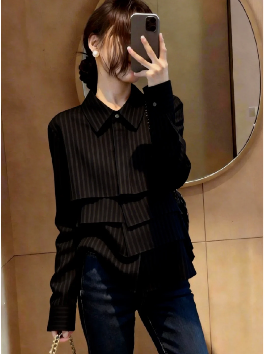 

Unique Striped Uneven Ladies Shirt Commute Style Loose Fit Long Sleeve Collar Spring New Fashion Women's Top