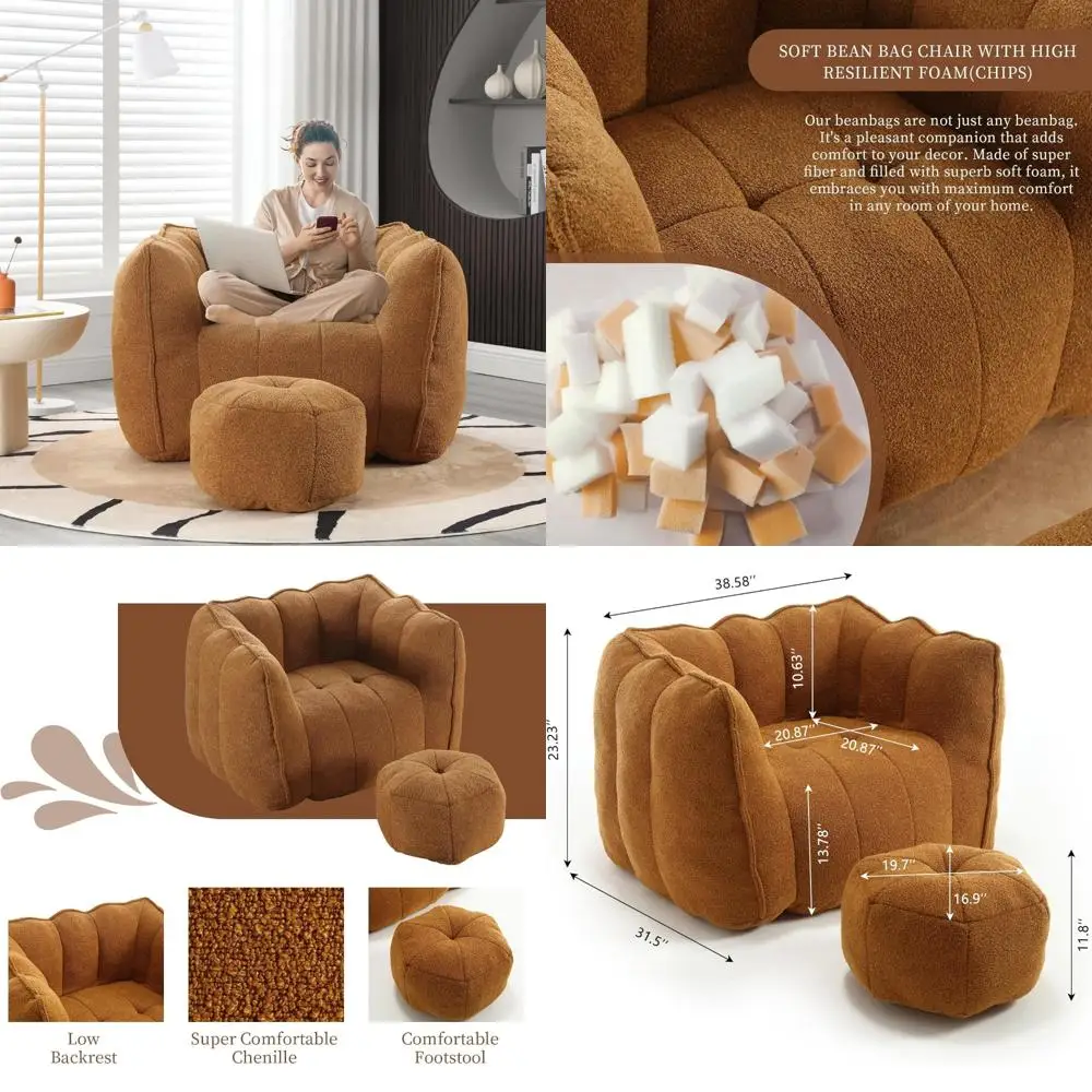 Modern Bean Bag Chair with Ottoman: High Resilient Foam Armrests for Comfortable Living Room Seating