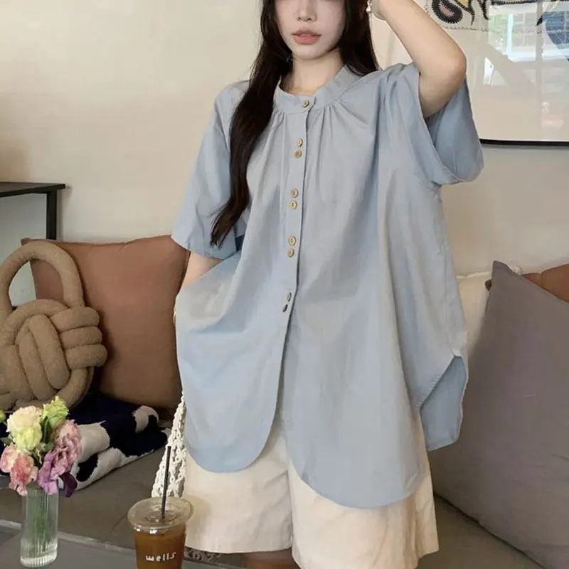 

Japan Style Loose Solid Color Blouse Female Clothing Commute Single-breasted All-match Summer Casual O-Neck Short Sleeve Shirt