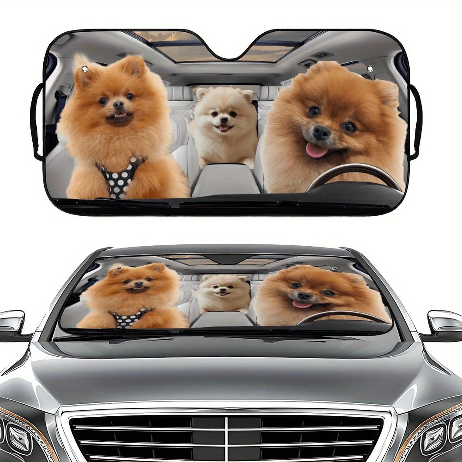 

A Single Pet-Themed Sunshade For The Front Windshield Featuring A Cute Pomeranian Design, Suitable For Most Vehicle Types Includ