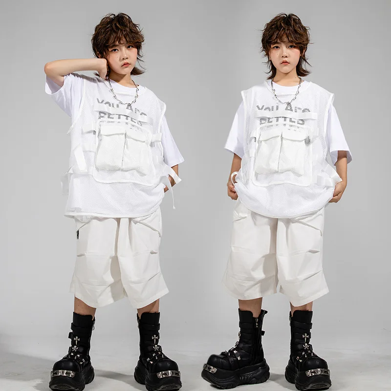 Kids Hip Hop Set White Net Vest T-shirt Street Dance Shorts Girls K-pop Streetwear Boys Jazz Costume Child Teens Clothes