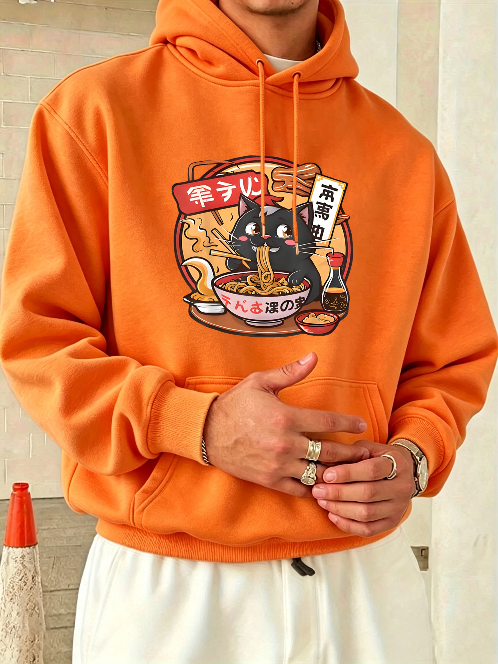 Cat Enjoying Delicious Lamian Noodles Print Mens Sport Hoodie All-Match Soft Pullover Fleece Long Sleeve Autumn Vintage Clothing