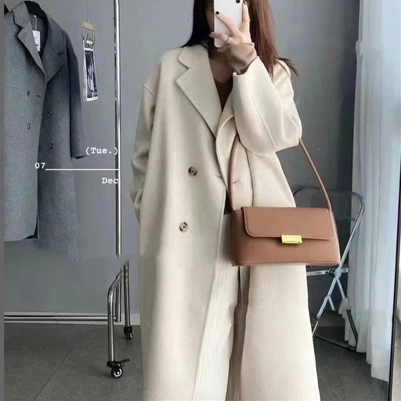 Reversible Cashmere Coat for Women, Long Below the Knee, Monochrome Wool Outwear, Large Size, New Fashion, Autumn Winter, 2024
