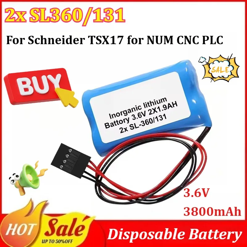 

2x SL360/131 3.6V 3800mAh Disposable Battery Pack for Schneider TSX17 for NUM CNC PLC Replaceable Lithium Battery with Plug
