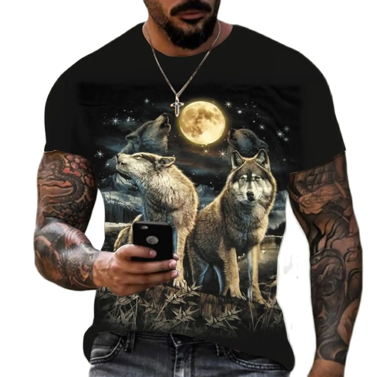 Animal Wolf Print T Shirt For Men Summer Polyester Round Neck Loose Short Sleeve Streetwear Oversized T-shirts Casual Tops Tees