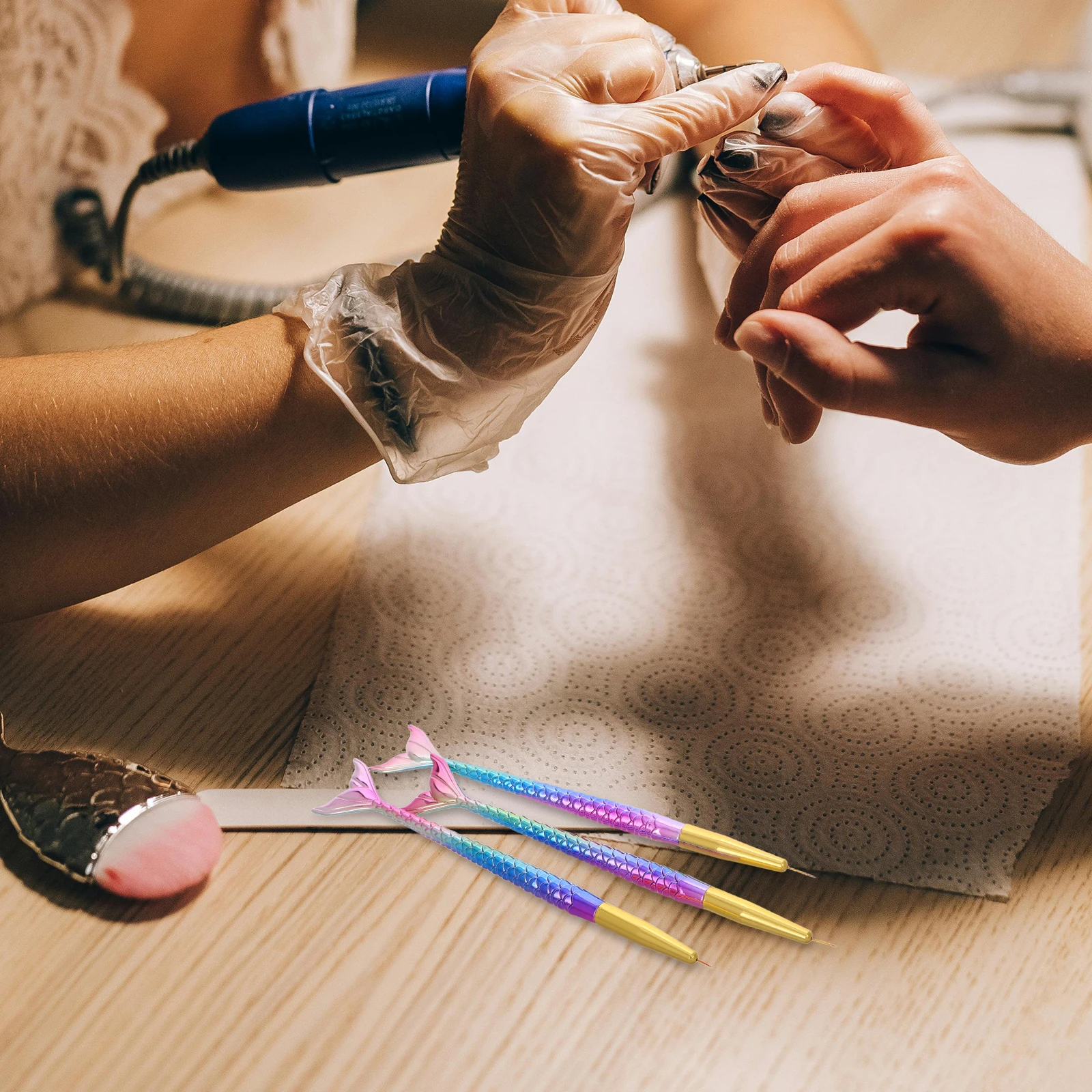 3 pezzi Set di pennelli Linea sirena Design sfumato Pennello per dettagli riutilizzabile per strumenti in gel Penne per rivestimento artistico Strumenti per punteggiare Decorazione delle unghie