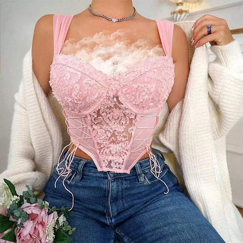 Women\'s New Pink Lace Embroidered Flower Wide Shoulder Straps Design Women\'s Sexy Mesh Embroidered Bra