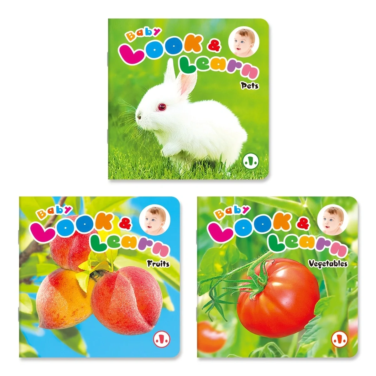 Ten English learning books for beginners, covering themes such as animals, colors, and vegetables. The 