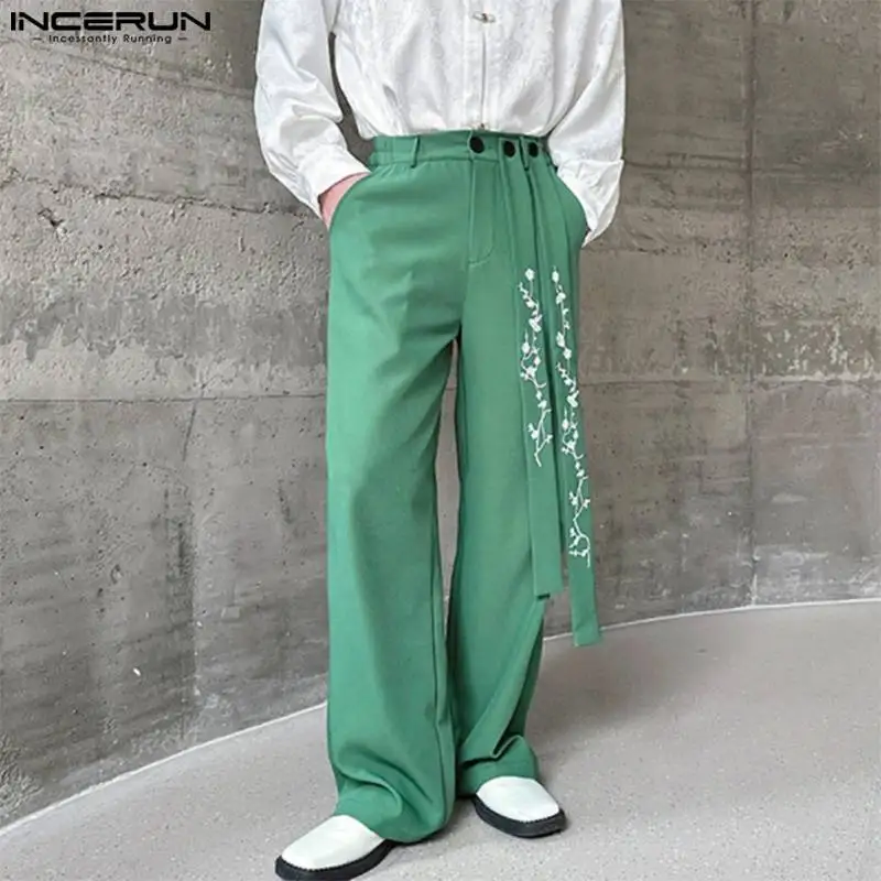 

INCERUN 2024 Korean Style Trousers Men Fashion Embroidered Floral Ribbon Pants Casual Clubwear Male Straight Leg Pantalons S-5XL