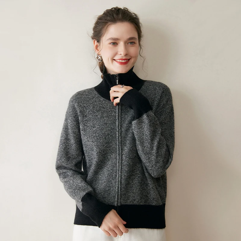 

New Chic Women 100% Cashmere Soft Sweater Cardigan Autumn Winter Zipper Knitwear Long Sleeve Thick Cashmere Sweater Female Tops