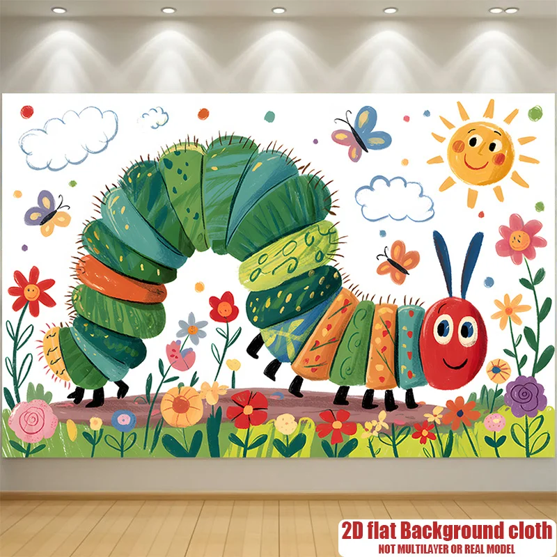 Cute Colorful Caterpillar Garden Sun Flower Butterfly Tapestry 2D Flat Printing Wall Hanging Backdrop for Kids Room NurseryDecor