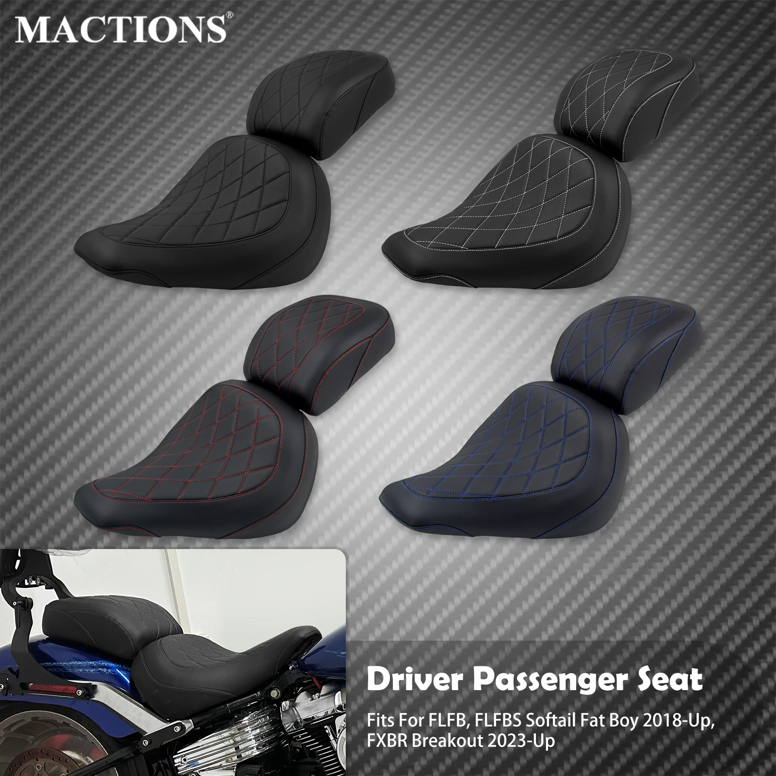 Driver Passenger Seat Motorcycle 2-Up Black/Blue/White/Red Seat For Harley Softail Fat Boy FLFB FLFBS 18-Up Breakout FXBR 23-Up