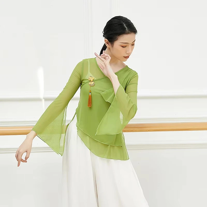 Classical Dance Top Women Flowy Sleeve Side Slit Irregular Hem Rhyme Folk Costume Clothes Mesh Stage Suit Practice Dancewear Top