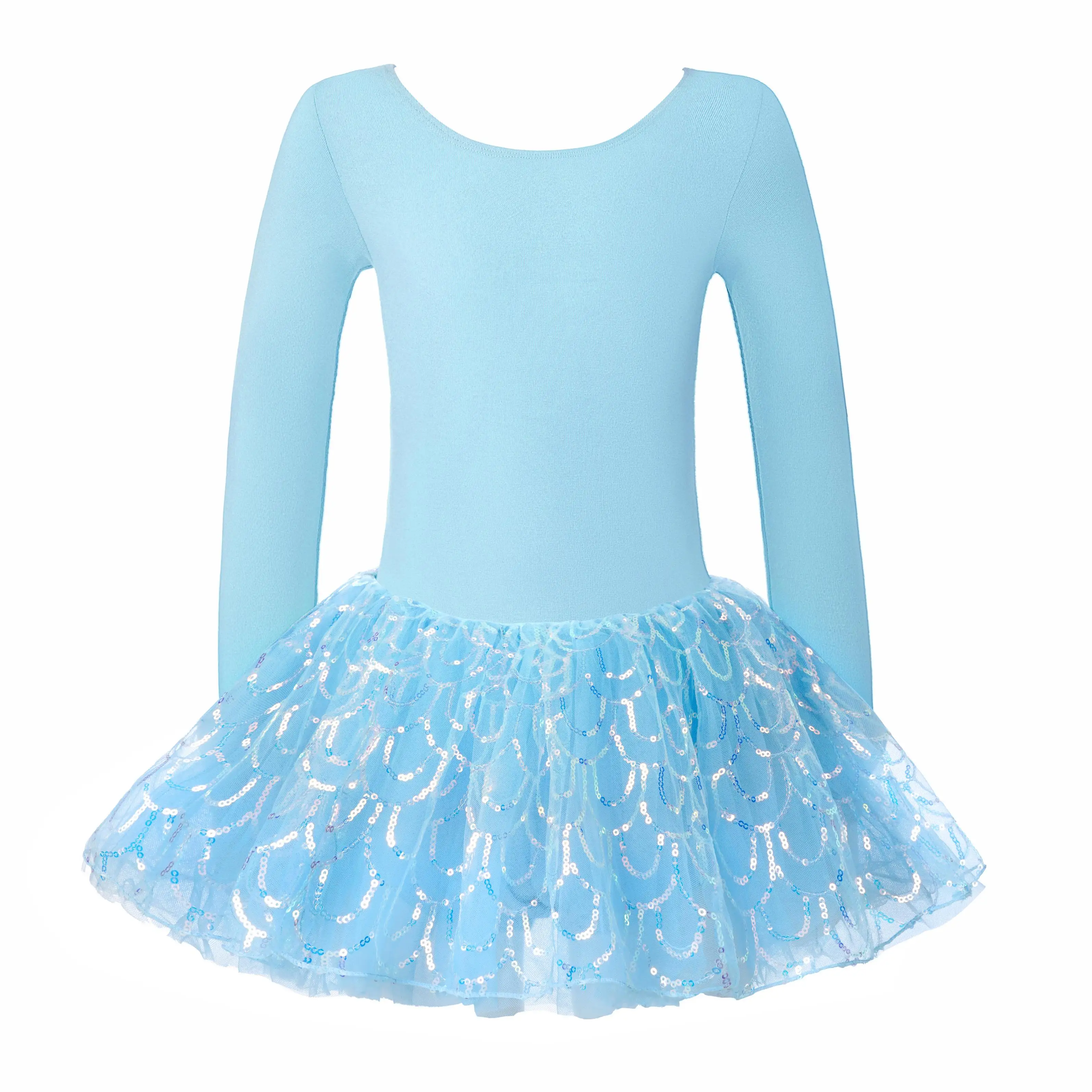 女の子用バレエダンスチュチュレオタード、長袖キラキラ輝くスパンコールダンスドレス